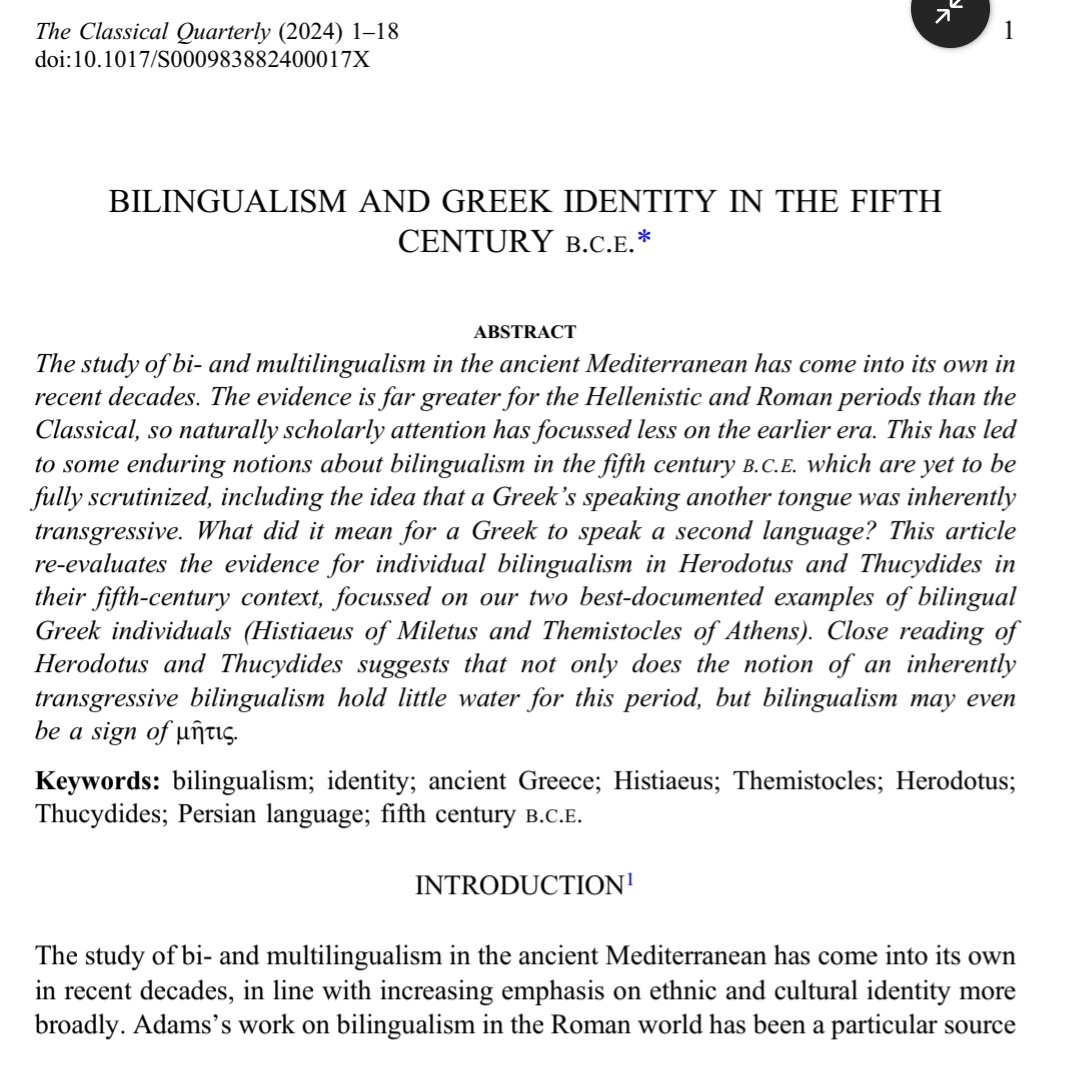 New piece out in Classical Quarterly🥳It asks the question: what did it mean for a Greek in the fifth century BCE to speak a second language? Many thanks to mentors and friends. Now to wrap up the monograph✍️#ClassicsTwitter Read it here (open access): doi.org/10.1017/S00098…
