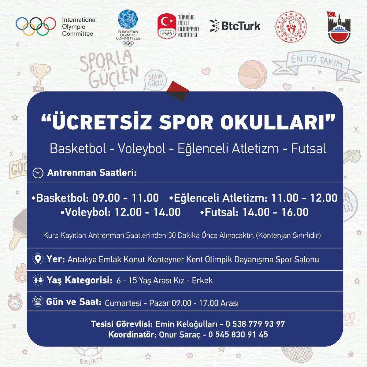 Hatay’da çocuklarımız için “ ÜCRETSİZ SPOR OKULLARI “ Basketbol-Voleybol-EğlenceliAtletizm-Futsal Çocuklarımız sporla bu kentte motive olacak ve gelişecek ♥️ Hadi duyuralım elden ele 💫 ⚽️ 🏀 🏐 🏃‍♂️ #Hatay