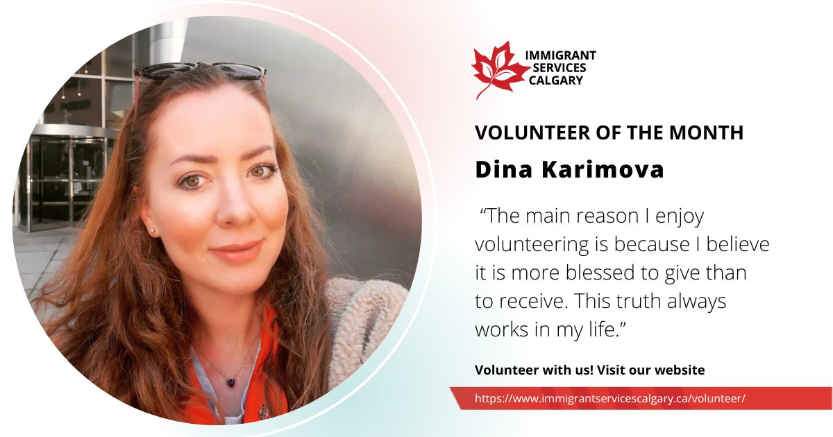 👏 Let's give a round of applause to Immigrant Services Calgary's Volunteer of the Month for April 2024, Dina Karimova! You can read her story here: immigrantservicescalgary.ca/dina-karimova-…. #volunteer #gratitude #volunteerappreciation #volunteerwithISC #thankyou