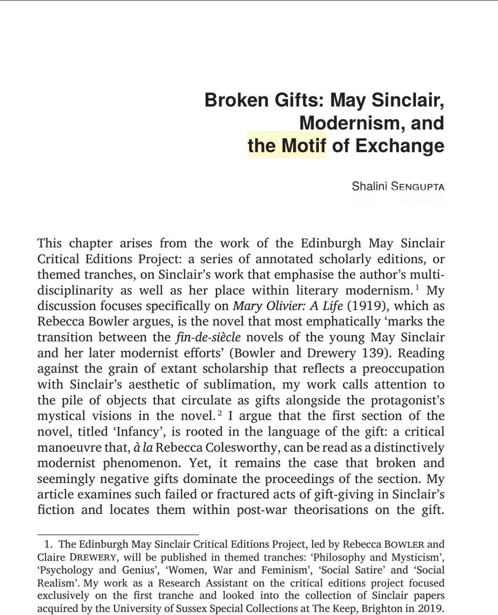 📚 just in: page proofs of a forthcoming book chapter on ‘broken gifts’ in May Sinclair, and modernist women’s writing, more broadly. Glad to see this chapter, that I wrote during the pandemic, slowly being released into the world!