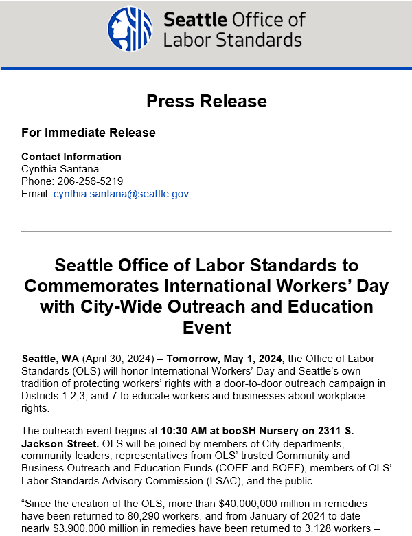 Seattle Office of Labor Standards (@ols_sea) on Twitter photo Tomorrow, May 1, 2024, at 10:30 AM at booSH Nursery on 2311 S. Jackson Street, <a href="/OLS_SEA/">Seattle Office of Labor Standards</a> will honor International Workers’ Day with a door-to-door outreach campaign in Districts 1,2,3, and 7 to educate workers and businesses about workplace rights. news.seattle.gov/2024/04/30/sea… Tomorrow, May 1, 2024, at 10:30 AM at booSH Nursery on 2311 S. Jackson Street, <a href="/OLS_SEA/">Seattle Office of Labor Standards</a> will honor International Workers’ Day with a door-to-door outreach campaign in Districts 1,2,3, and 7 to educate workers and businesses about workplace rights. news.seattle.gov/2024/04/30/sea…