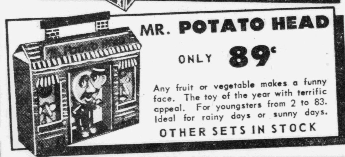 📺🥔 Throwback to 1952 when Mr. Potato Head first appeared on TV and changed playtime forever! Did you know this was the first toy advertised on television? What was your favorite way to style Mr. Potato Head? #Nostalgia #MrPotatoHead #ClassicToys #Hasbro newspaperarchive.com/other-articles…