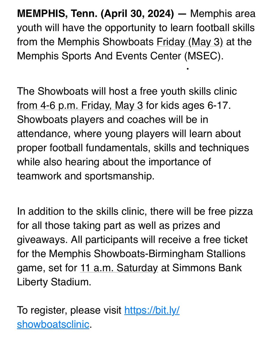 The Showboats are doing a free football skills clinic for kids this Friday! You can get your kids signed up!