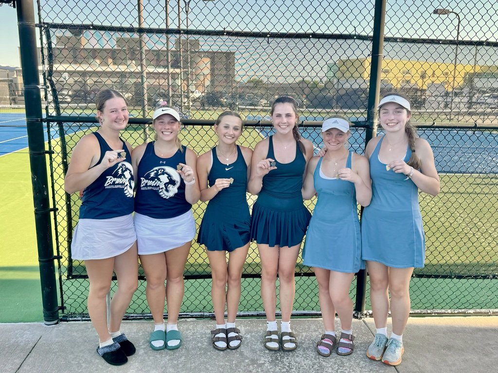 Lady Bruin Varsity Tennis finished Regional Runners-Up and the 1 Doubles team were Regional Champs! They're all headed to STATE! #bvilleBruWIN