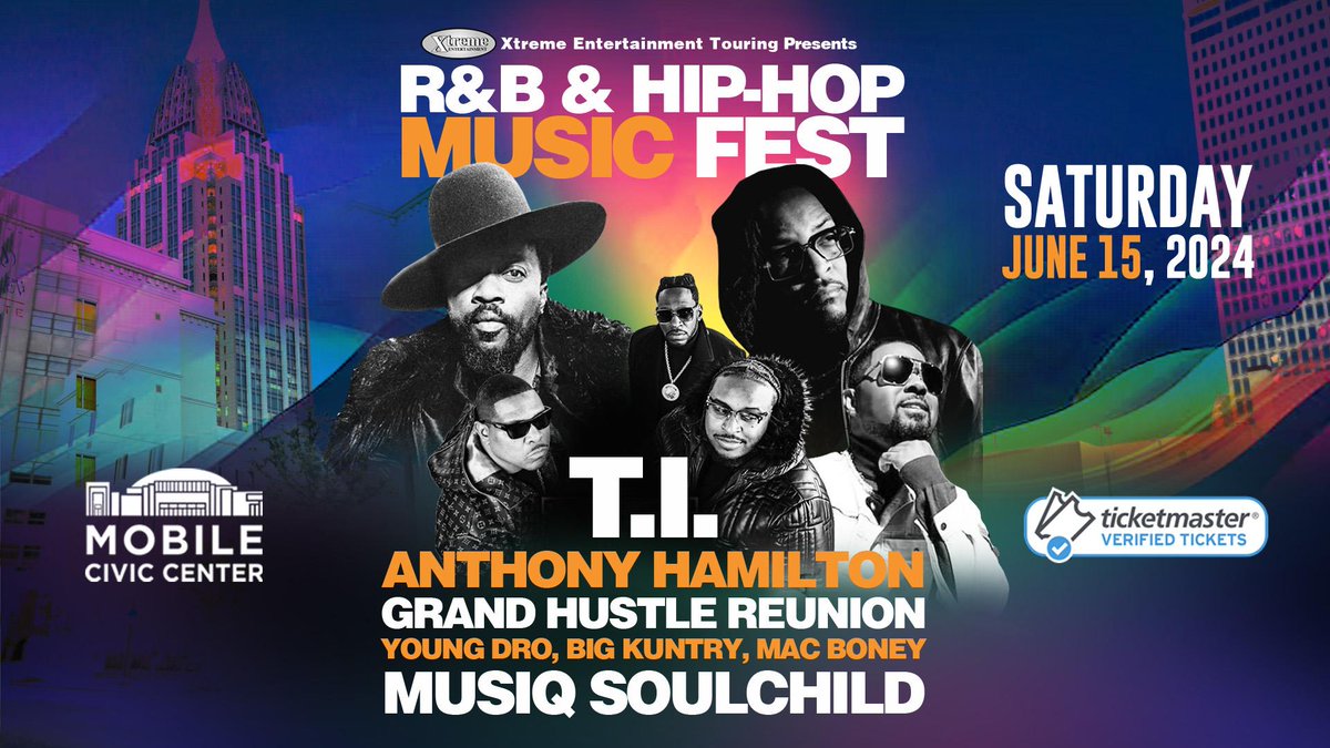 Don't miss the last epic party! Get your seats for the R&B & Hip Hop Fest with T.I. + Anthony Hamilton + Musiq Soulchild now at the box office or bit.ly/hiphop24

#MobileAlabama #MobileAL #MobileCounty #BaldwinCounty #GulfCoast #DowntownMobile #Pensacola #Biloxi