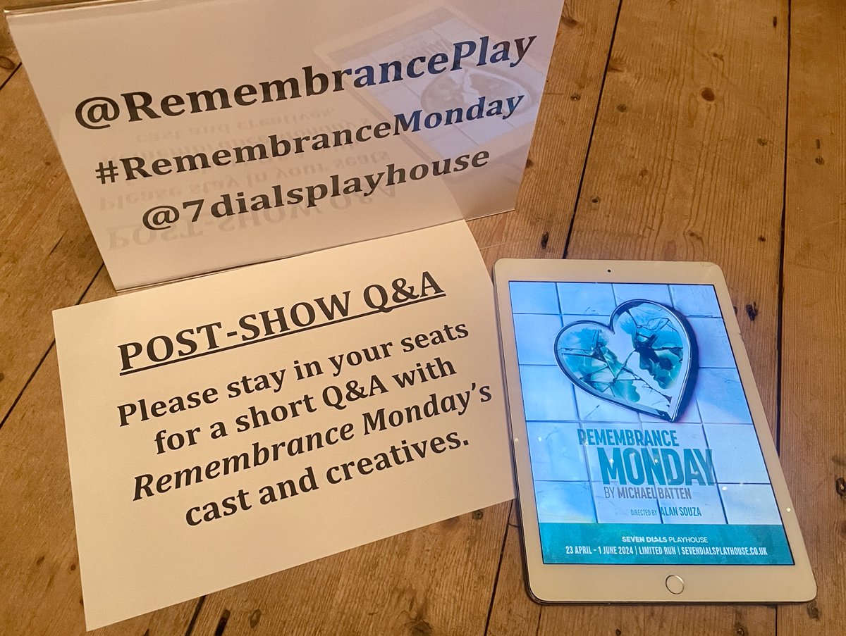 Signs ready for tonight's post-show Q&A to #RemembranceMonday. Any Qs for @RemembrancePlay's:

💔 Writer Michael Batten
💔 Director Alan Souza
💔 Stars Nick Hayes & Matthew Stathers?

Join us 7.30 at @7DialsPlayhouse
🎟️ bit.ly/4aYjTQc 

#postshowtalks #RT #theatre #LGBTQ