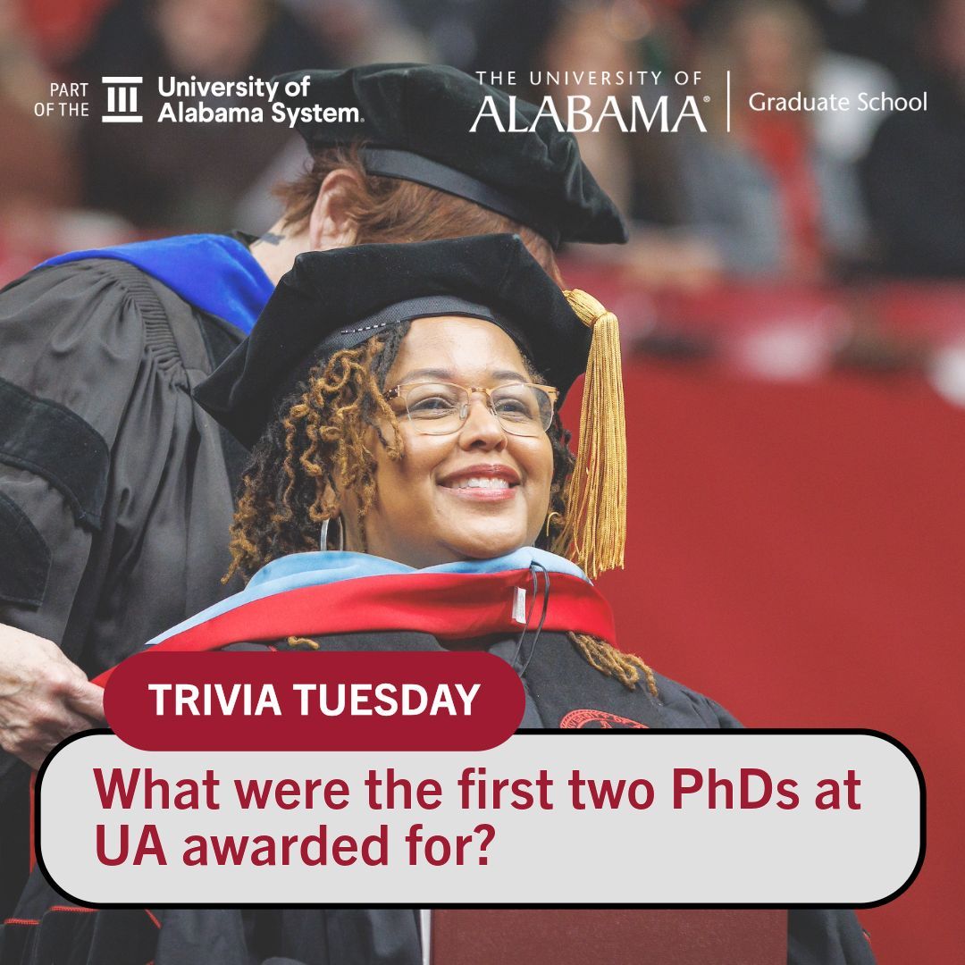 In 1952 the first PhDs at UA were awarded. Can you guess what they were for? Hint: one was a STEM subject. 

#UAGraduateCentennial #WhereLegendsAreMade #UA #UniversityofAlabama #AlabamaGraduateSchool