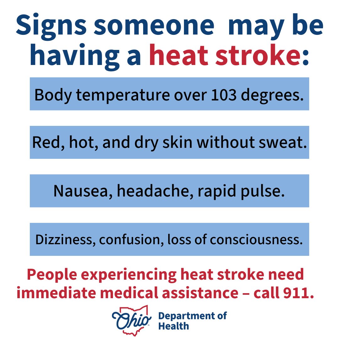 As temperatures begin to rise, it’s important to know the warning signs of heat stroke. Keep yourself cool by drinking plenty of water, taking breaks from the sun, and staying informed on heat advisories in your area. #HeatSafetyWeek #HeatStroke #StayHealthyOhio