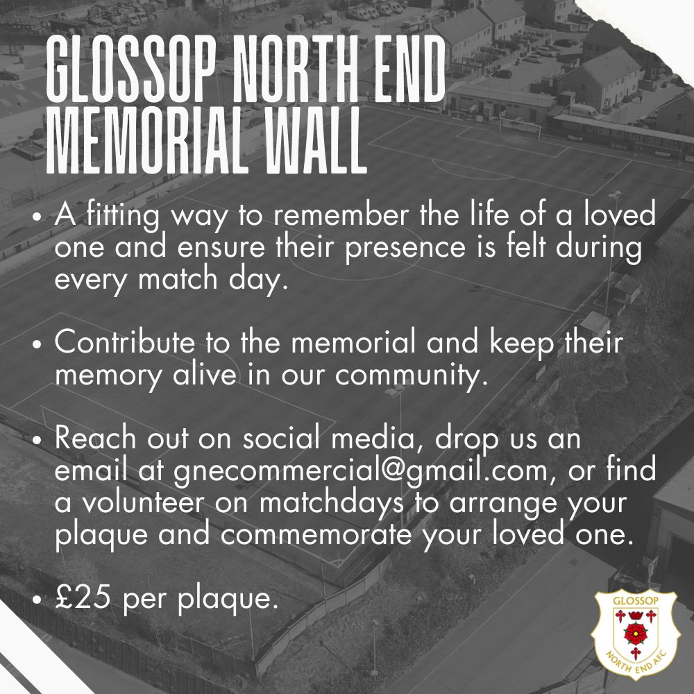 Honour the lives of your loved ones through a plaque on the Glossop North End Memorial Wall. Arrange your plaque by contacting us through social media, email at gnecommercial@gmail.com, or by speaking to a volunteer on match days, for just £25 per plaque. #Glossop #LoveGlossop