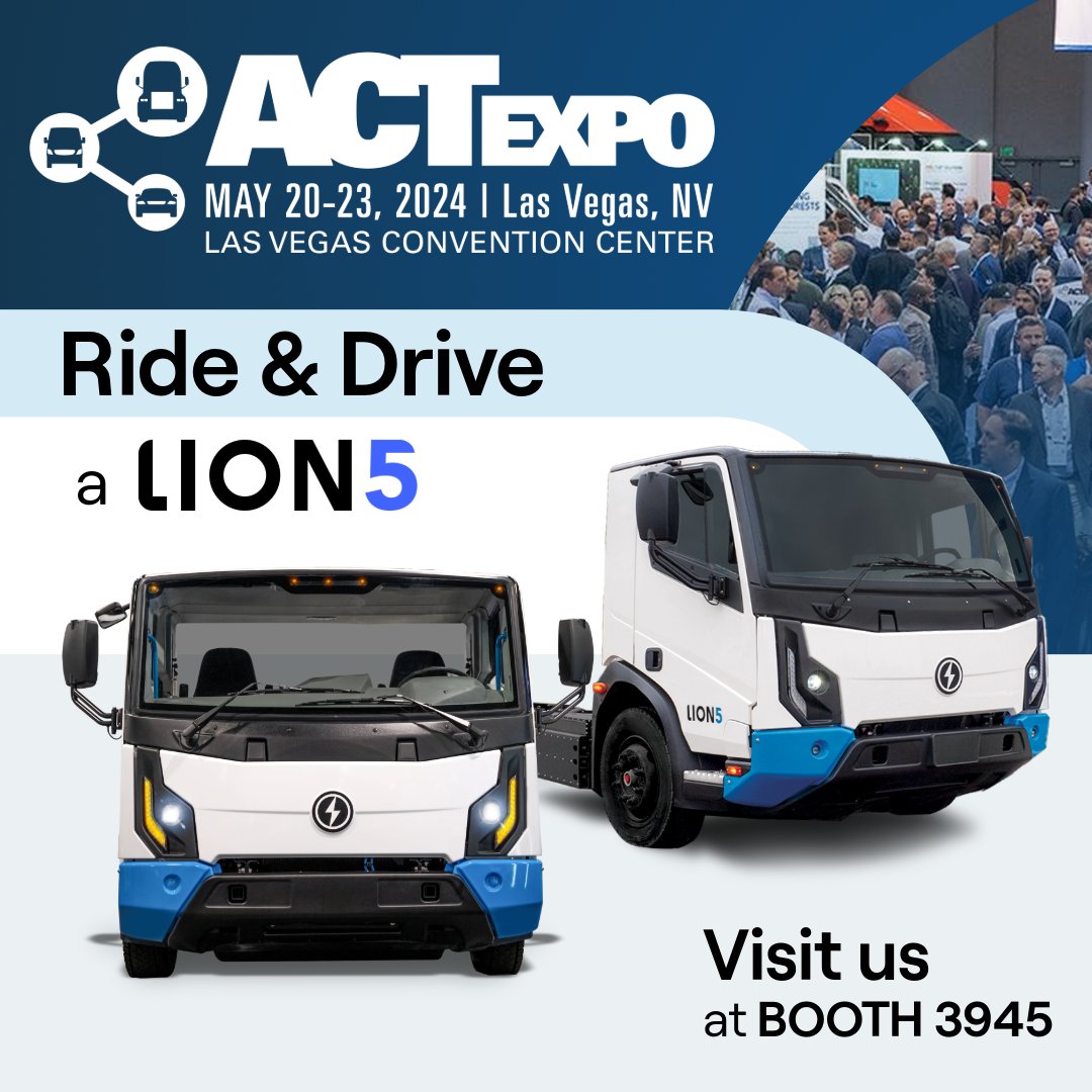 Come meet us at @ACTExpo 2024, in Las Vegas, May 21-24. 📣

Make sure to drop by our booth #5364 to get behind the wheel of the all-electric Lion5 commercial truck! 🚛 

💻  Learn more about the Lion5 here: ow.ly/amm050RsB9L 

#LionElectric #ACTExpo2024 #ACT #electrictruck