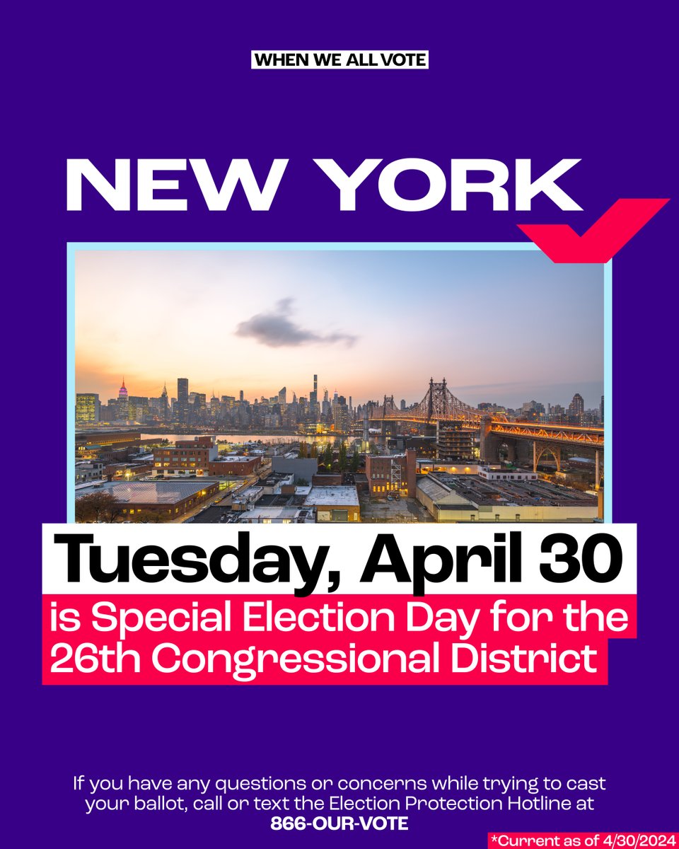 New York — get in a special election state of mind! 🫡 TODAY, April 30th, is Special Election Day! Your vote will decide who will represent your 26th District in Congress. Find your polling place 📍 at weall.vote/ny26, and get out to vote today!