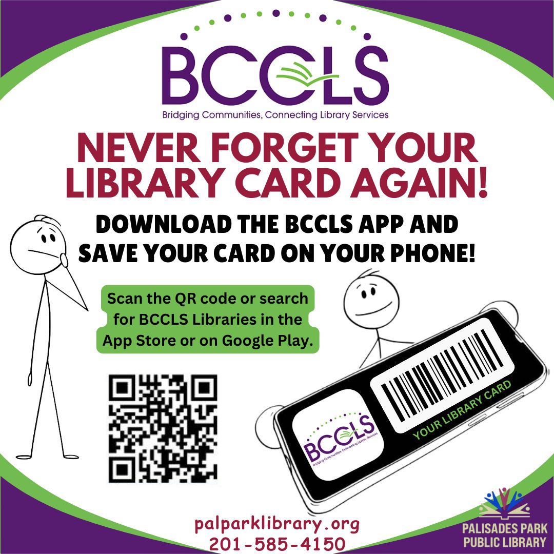 palparklibrary's tweet image. Good Morning!
We're OPEN from 10am to 8pm
6pm ESL Class for Spanish Speakers
Store your library card on your mobile device with the #BCCLS Libraries app to always have it handy!
#BCCLSApp 
#DigitalLibraryCard
#palisadesparkpubliclibrary 
#bcclslibraries 
#followbccls