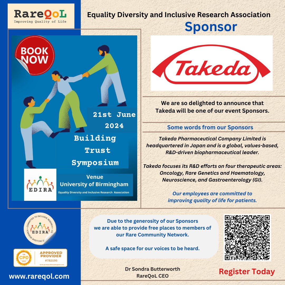 #EDIRA We are delighted to announce that Takeda are one of the Sponsors for our EDIRA Building Trust Symposium. Please visit the Takeda website on takeda.com/en-gb #clinicaltrials #patientadvocates #raredisease #equality #equity #diversity #inclusion #research