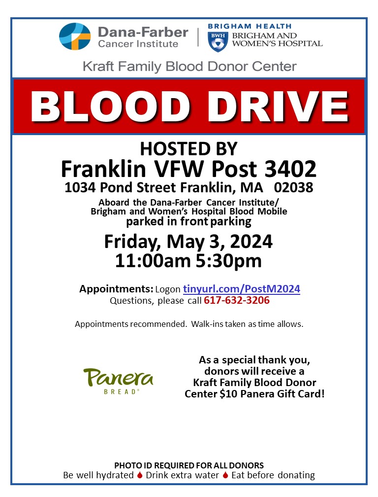 📷The Kraft Center #BloodMobile will be traveling to Franklin, Friday, May 3, 2024  Stop by this fantastic blood drive and #BeAHero for our patients at  Dana-Farber and Brigham Women's #donateKraft Family Blood Donor