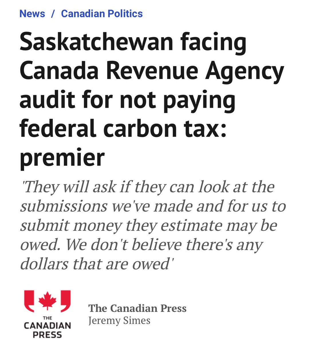 We are submitting the same amount of carbon tax on natural gas and electricity for residential home heating as the Trudeau government is collecting on home heating oil. So we consider ourselves paid in full.