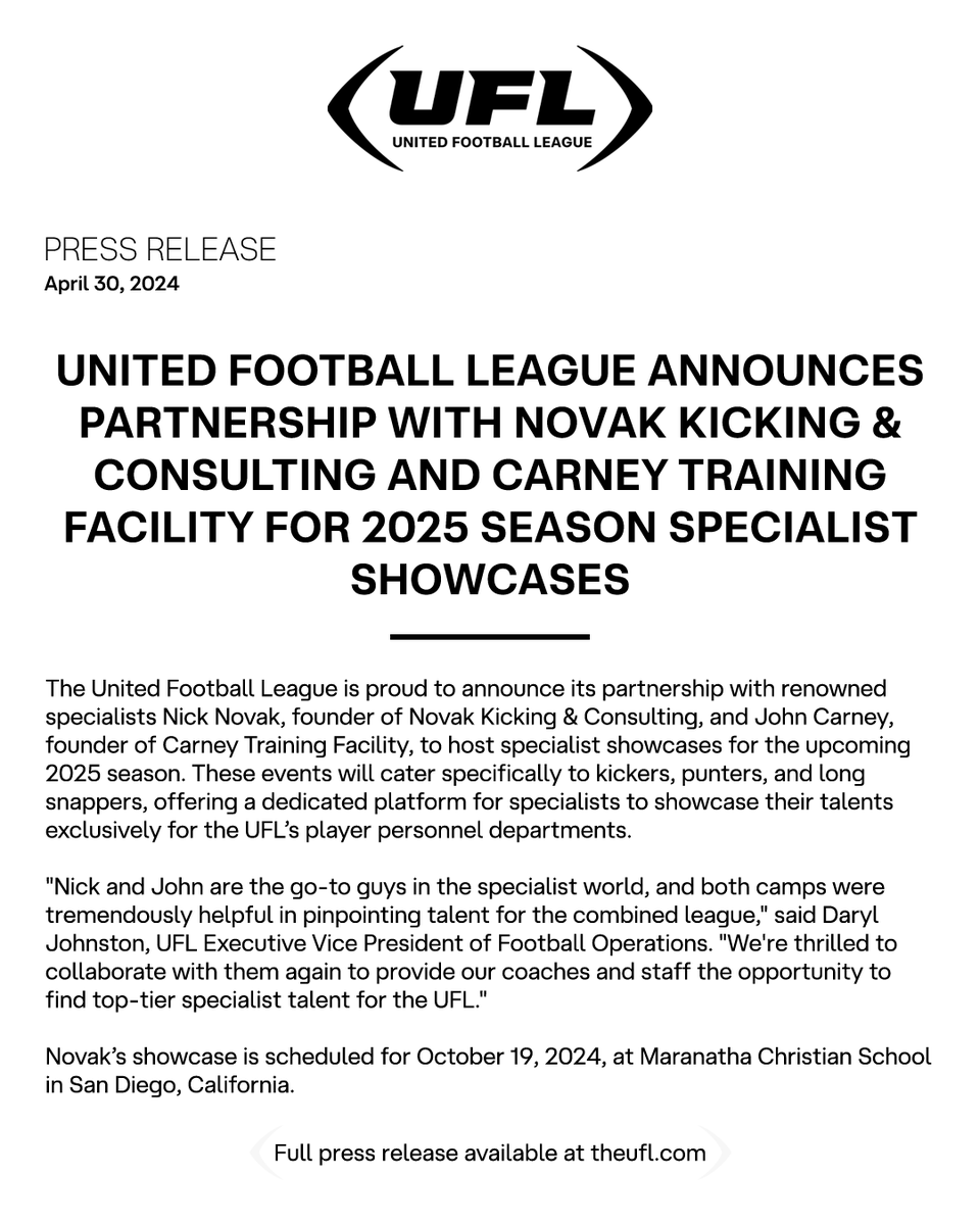 The UFL is proud to announce its partnership with renowned specialists Nick Novak, founder of Novak Kicking & Consulting, and John Carney, founder of Carney Training Facility, to host specialist showcases for the upcoming 2025 season. Read more: theufl.com/news/2024/apri…