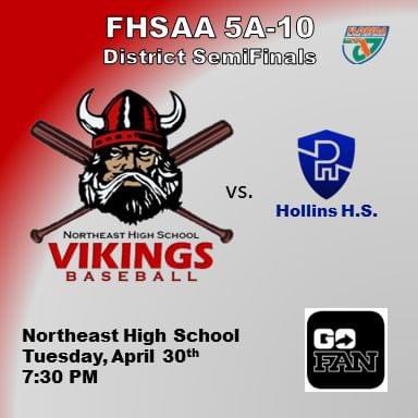 Northeast Baseball (@nehibaseball) on Twitter photo GAMEDAY ANNOUNCEMENT!!!  Tonight's the night!  The Northeast Vikings take on Hollins H.S. in the 5A District 10 Semi-Finals at 7:30PM at Northeast High School.  Make sure to get your tickets at gofan.co/event/1506466?…  We are expecting a packed house tonight! GAMEDAY ANNOUNCEMENT!!!  Tonight's the night!  The Northeast Vikings take on Hollins H.S. in the 5A District 10 Semi-Finals at 7:30PM at Northeast High School.  Make sure to get your tickets at gofan.co/event/1506466?…  We are expecting a packed house tonight!