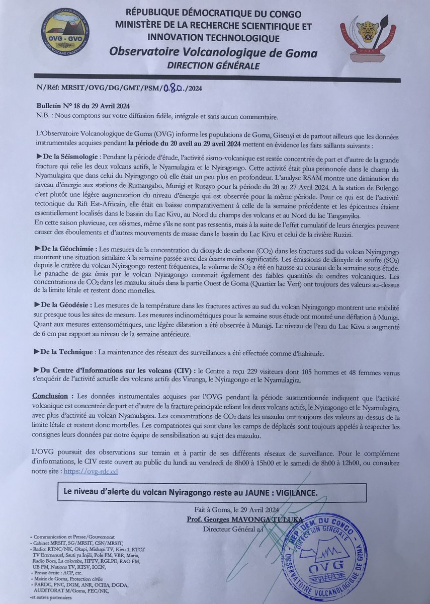 Bulletin hebdomadaire de l’activité des volcans #Nyiragongo et #Nyamulagira pour la période du 20 au 29 avril 2024