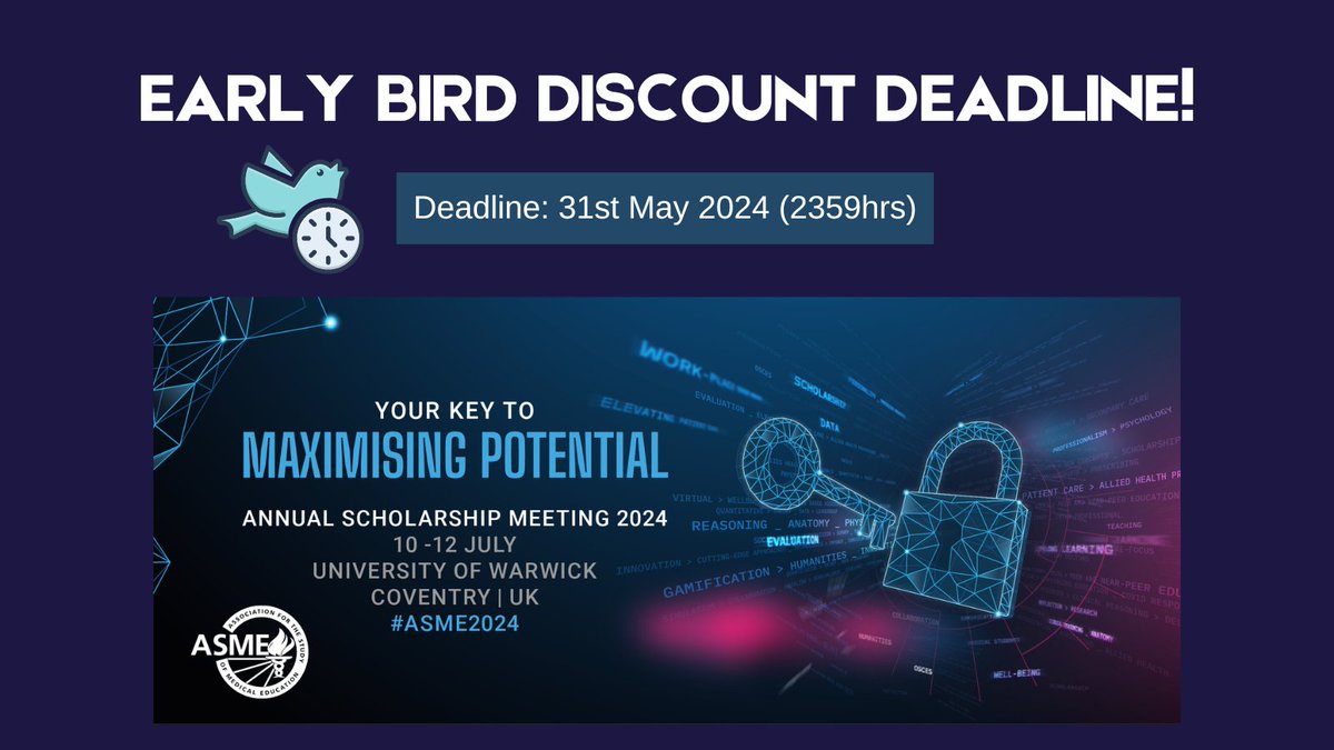 Register now for #ASME2024 to receive our discounted Early Bird rate! Which will close on the 31st May and payment via invoice can only be accepted until 7th June!
Register here:  asme.org.uk/forms/asm2024
#MedEd #MedTwitter