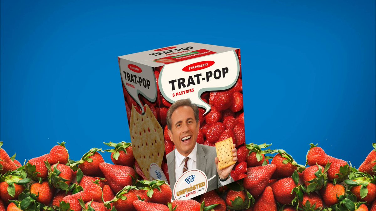 #PackagingDesign Resembling the retro Pop-Tarts boxes, the Unfrosted packs feature Jerry Seinfeld holding one of the toaster pastries that says “Trat-Pops,” a joke from the movie highlighting an early attempt at landing on the perfect brand name. thedieline.com/whats-the-deal…
