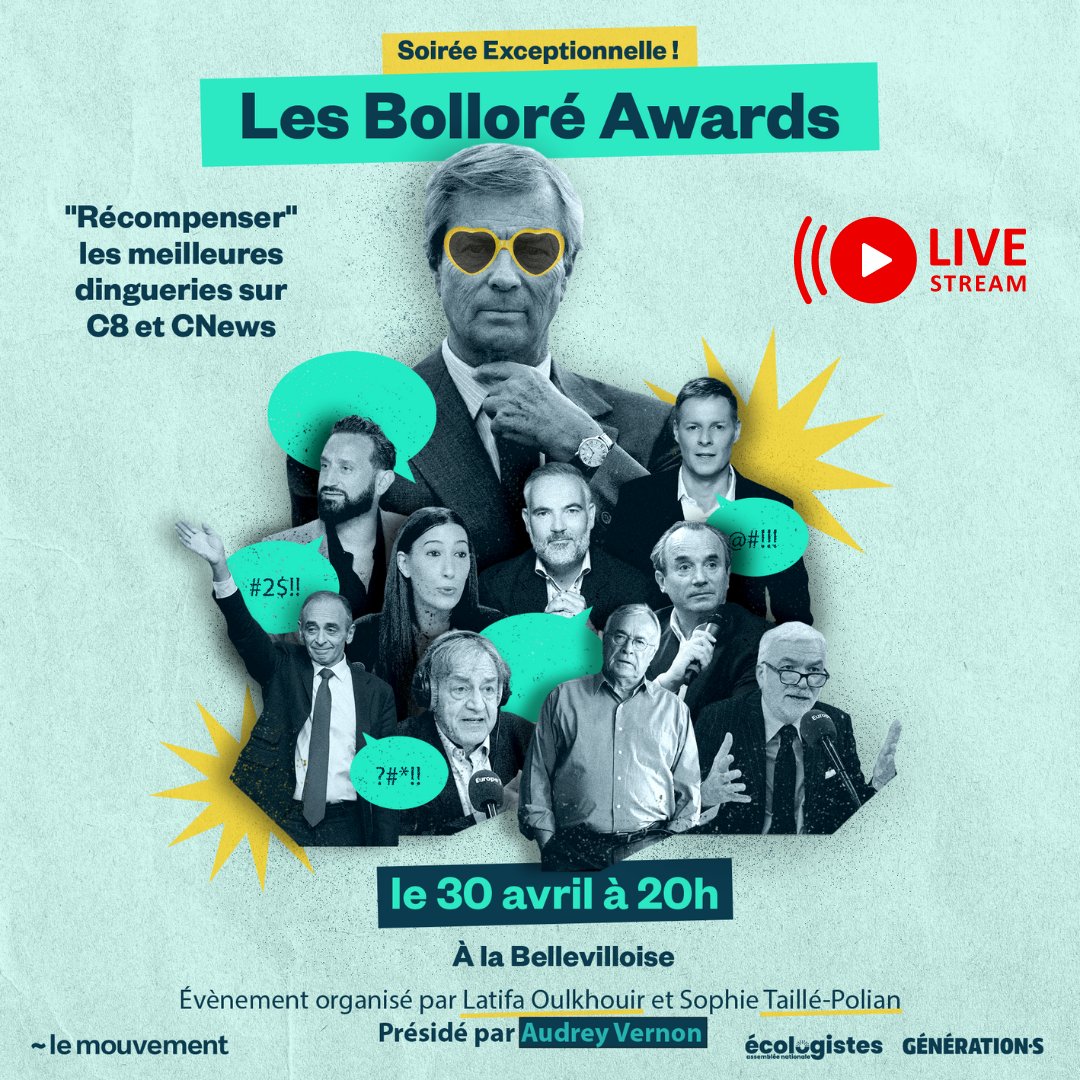 Ce soir je participerai aux #BolloréAwards pour remettre avec @Clem_Autain, @sandrousseau , @ElsaFaucillon @STaillePolian, @LouisBoyard le prix des pires propos #racistes et #antitsiganes tenus dans les #médias de #Bolloré et autres.. Suspens je vous annonce le gagnant ce soir🤫