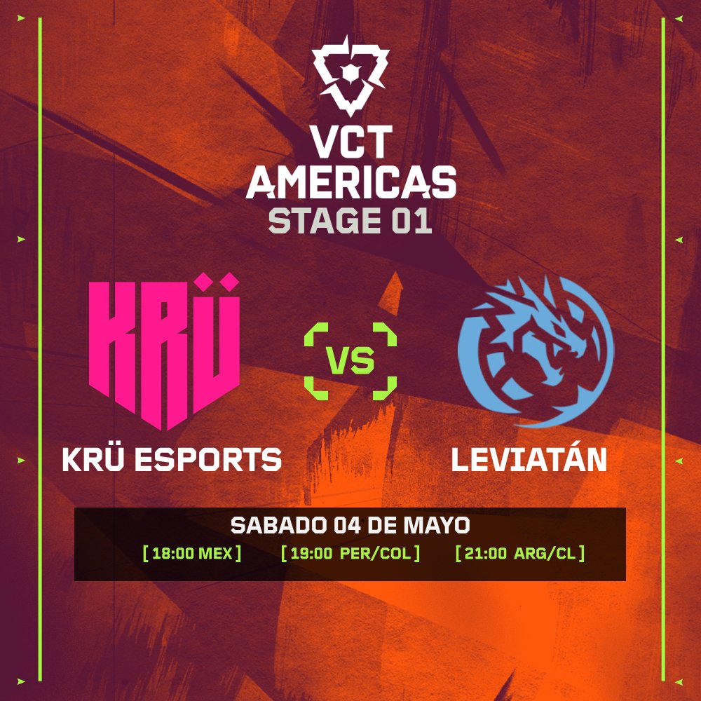 Recuerden que el sábado 04 de mayo deben cancelar todos sus planes por que se viene el Clásico de LATAM por la #VCTAmericas 

<a href="/KRUesports/">KRÜ</a> 🆚 <a href="/LeviatanGG/">LEVIATAN</a> 

Los 2 lideres en la fase de grupos y lideres en nuestros corazones se enfrentaran en la ultima semana de la etapa regular.
