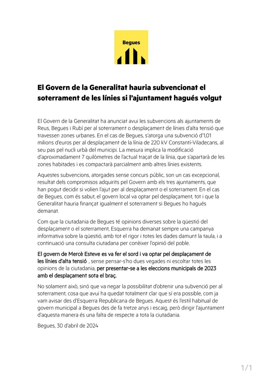 El Govern de la Generalitat hauria subvencionat el soterrament de les línies si l’<a href="/ajuntament/">Ajuntament</a>.begues hagués volgut ➡️ Llegeix amb calma el nostre següent document ⬇️