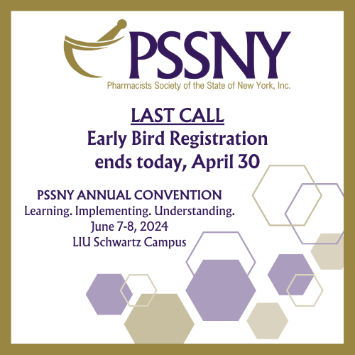 $50 off the 2024 PSSNY Annual Convention ends TODAY! This event includes a lineup of top-notch speakers and presentations. Reserve your spot by registering at loom.ly/Zvu3SN4 #PSSNY #NYPharmacists #Networking #PSSNY2024Convention