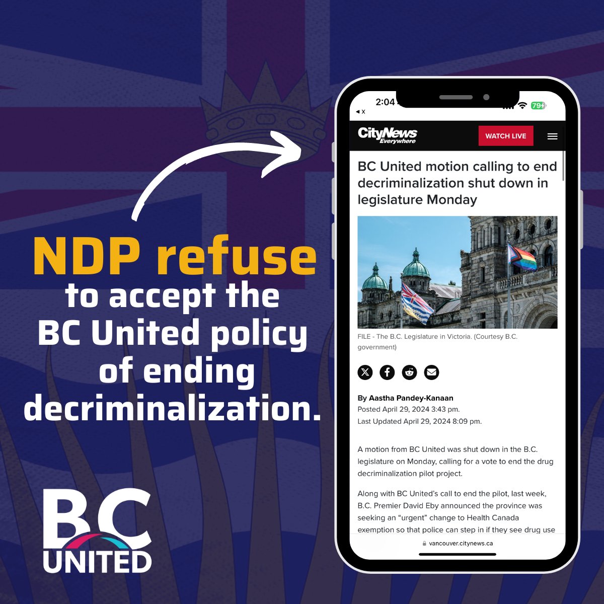 Yesterday, BC United tried to get the NDP to accept our policy of finally ending their failed decriminalization experiment, but they shut us down. There's never been a vote for decriminalization, and this NDP decision is failing British Columbians.