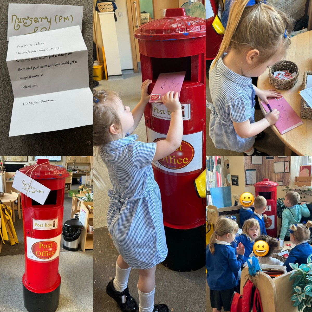 Highgateacademy's tweet photo. The children in nursery have loved our postbox provocation today! We love writing letters! I wonder what our surprise will be!? https://t.co/p493zlOwyU
