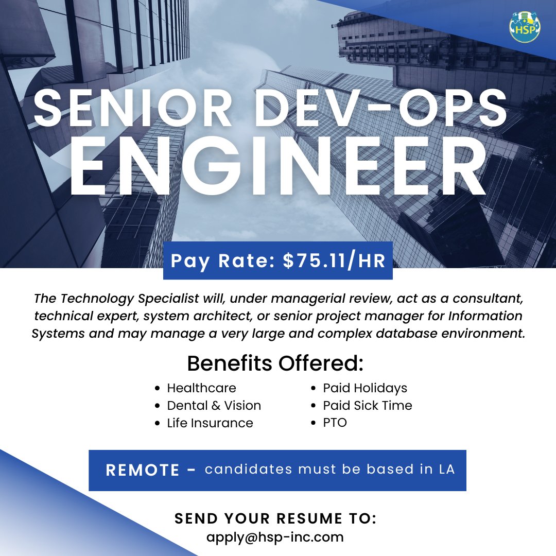 Healthcare Staffing Professionals is seeking a talented Senior DevOps Engineer to join our team! This role offers a competitive rate of $75.11/HR & excellent benefits! 🩺 Interested? Message us for more details or send your resume to apply@hsp-inc.com.