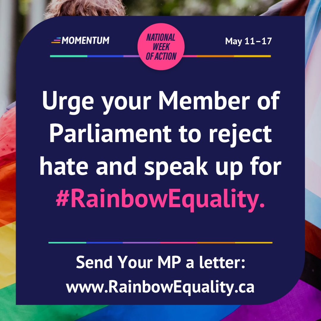 Ahead of @queermomentum’s Rainbow Week of Action, we are asking everyone who believes in a more free and equal 🇨🇦 to send an email to their MP urging them to speak up for #RainbowEquality. You can send your MP a letter in less than 30 seconds at rainbowequality.ca