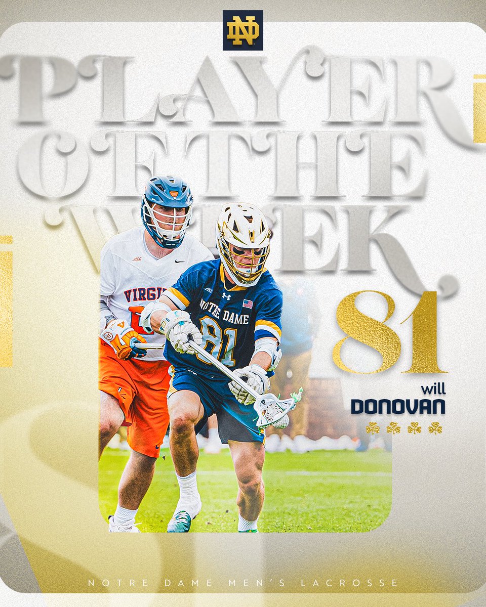 𝗔𝗖𝗖 𝗗𝗲𝗳𝗲𝗻𝘀𝗶𝘃𝗲 𝗣𝗹𝗮𝘆𝗲𝗿 𝗼𝗳 𝘁𝗵𝗲 𝗪𝗲𝗲𝗸 Will Donovan earns the award after his incredible performance in the win over UVA on Saturday, causing 4 turnovers and scooping up 5 GBs. #GoIrish☘️