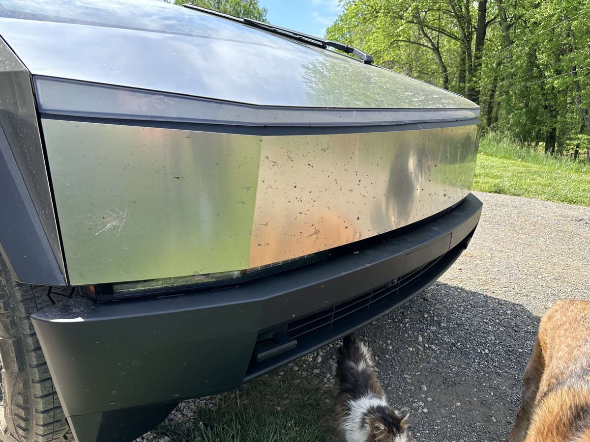 rhensing's tweet photo. Let’s talk efficiency. When I got the Cybertruck I was super concerned about the range. Today I drove 70mi to and from Ellicott city and the farm and and from Clarksville. Highways at 70-80mph and back roads at 30-45. 50/50. 
I feel like this is really good. The bugs?  Not so much. 👀