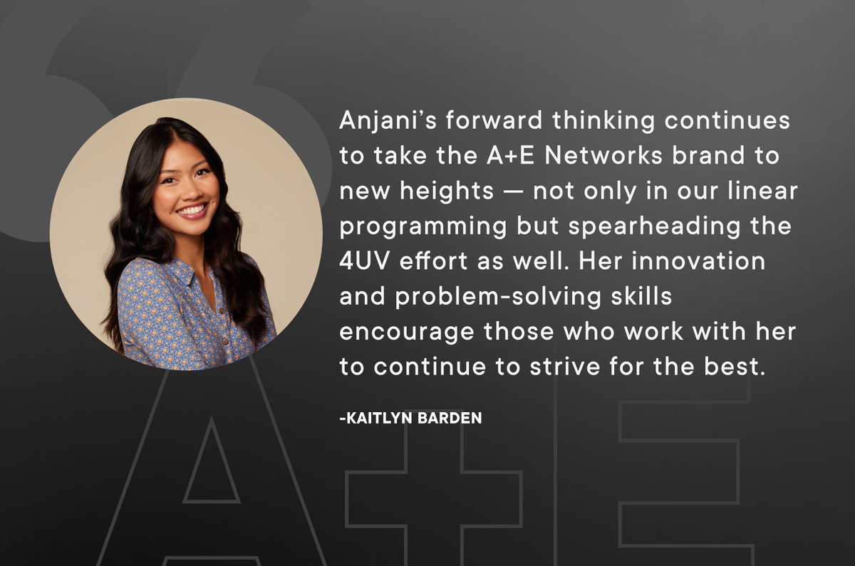 Innovative thinkers like Anjani Iman approach challenges and opportunities with a fresh perspective. For this month's #AEPeerAppreciation post, Kaitlyn Barden recognizes Anjani for helping to shape the future of A+E Networks.