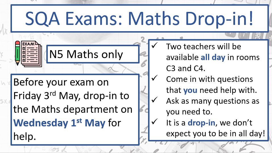 LenzieMaths's tweet photo. 📢‼️Reminder! Tomorrow is our drop-in session for the National 5 exam. If you have any last minute questions, come in and get help from a teacher. 🙌🏻 https://t.co/zVobe2d7TJ
