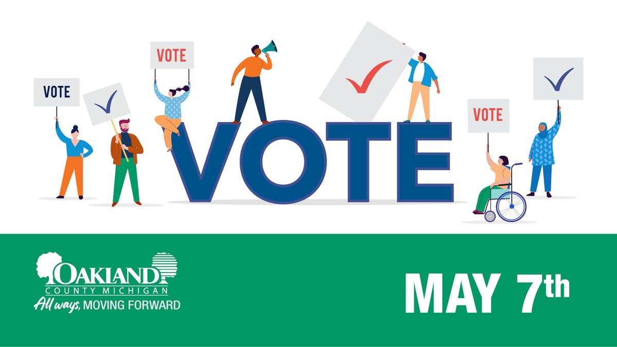 Next week, voters in some #OaklandCounty communities will head to the polls for #ElectionDay! Polls will open from 7 a.m. to 8 p.m. on Tuesday, May 7 for residents to cast their #vote. Visit @MIOaklandClerk to view the ballot and get more information: t.ly/LjFvU.