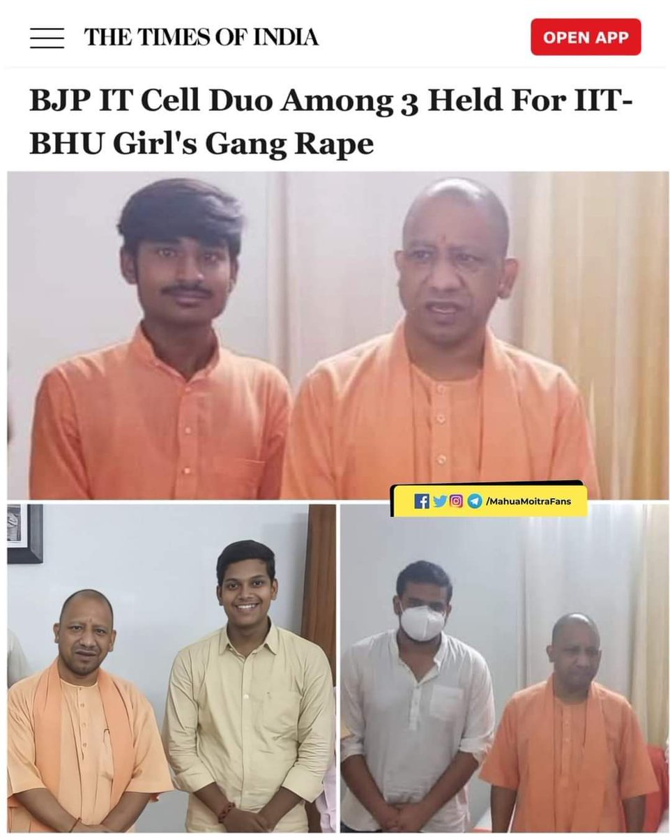 Two members of BJP's IT cell in Varanasi were among three people arrested late Saturday for the gangrape of a 20-year-old BTech student of IIT-BHU. The arrested trio confessed to the crime, including disrobing and filming the survivor at gunpoint.
#ModiKaBalatkariParivar