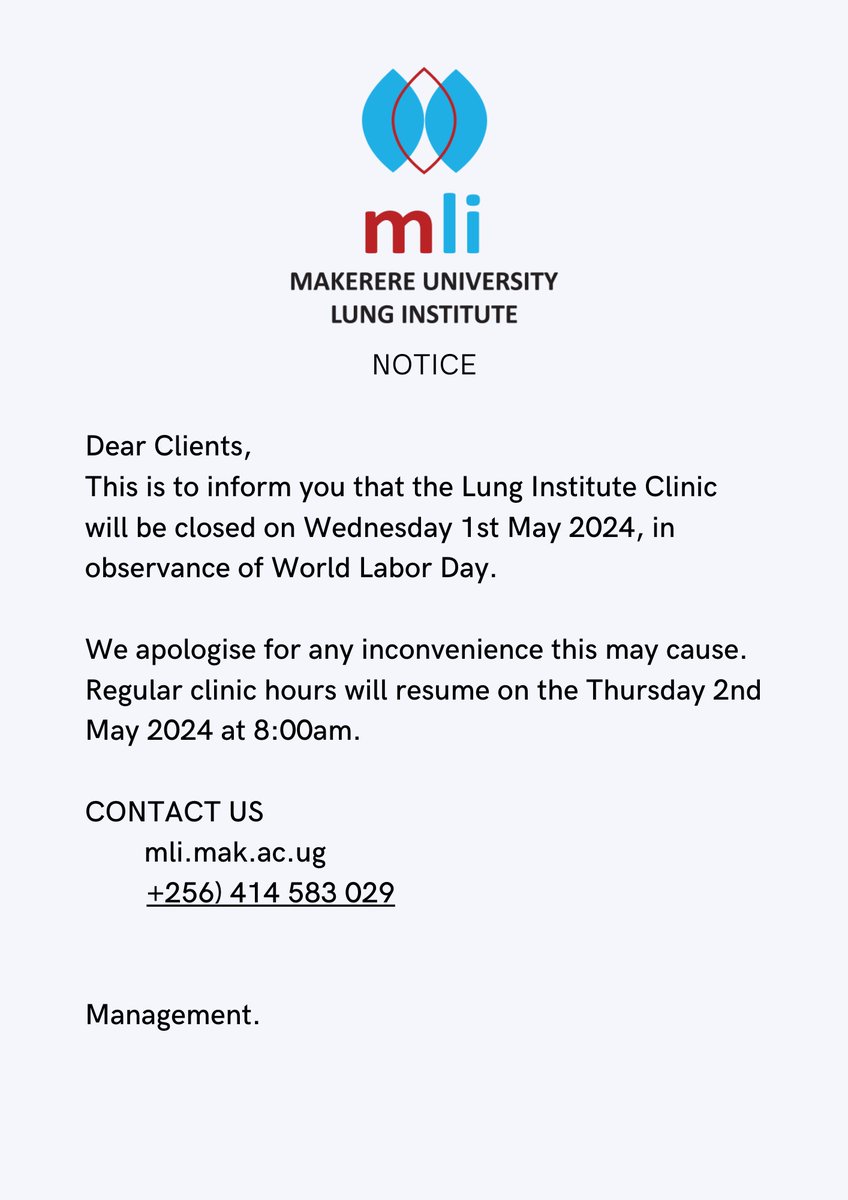 This is to inform you that the Lung Institute Clinic will be closed on Wednesday 1st May 2024, in observance of World Labor Day. #WorldLaborDay2024