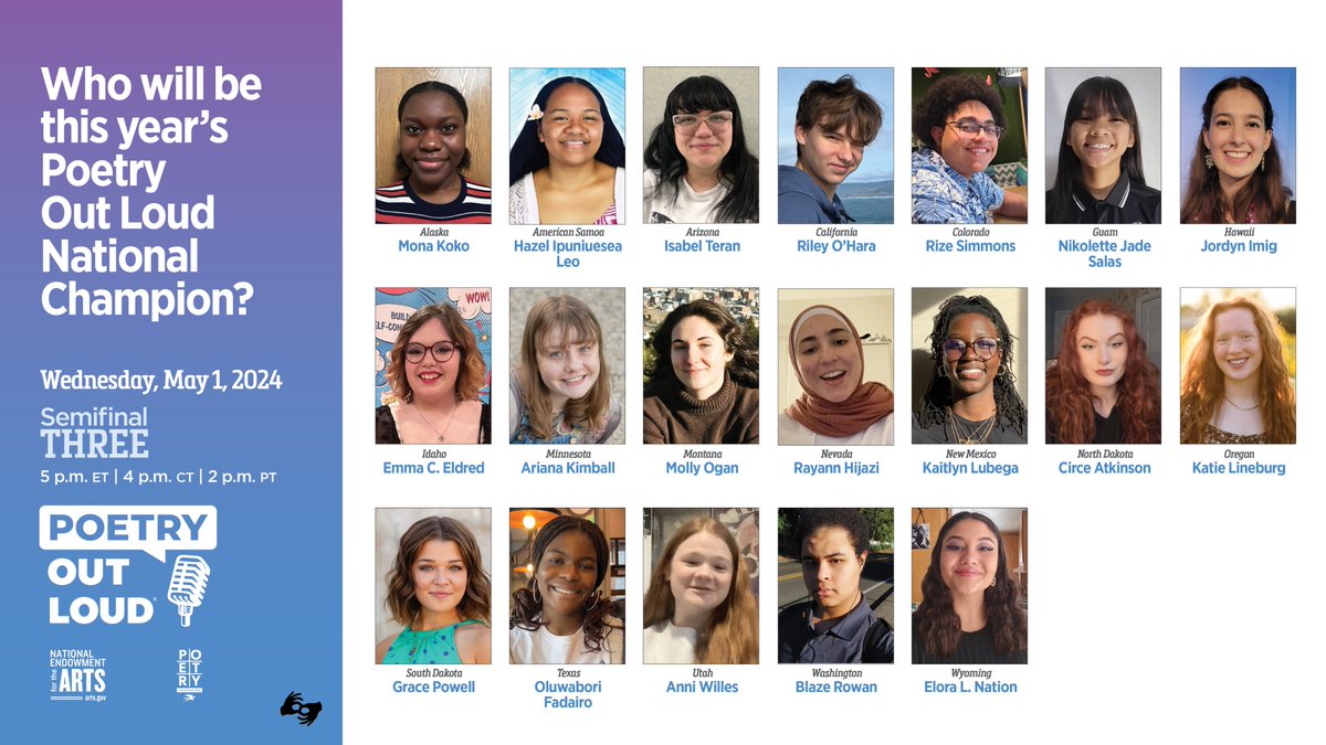 Last but not least, the third 2024 <a href="/PoetryOutLoud/">PoetryOutLoud</a> semifinal is about to begin! 🎉

Watch as these students compete for the final 3 spots in tomorrow's National Final at arts.gov/Poetry-Out-Loud!