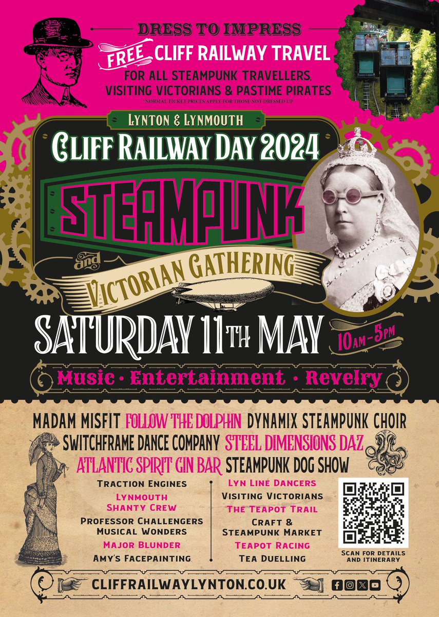 The Lynton & Lynmouth Steampunk Gathering on Sat 11th May is now less than 2 weeks away! FREE cliff railway travel for all steampunk travellers, pastime pirates & visiting Victorians. Loads of supporting FREE entertainment. 🎩🎩🎩 please RT #VisitExmoor #VisitDevon #Steampunk