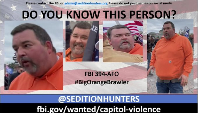 Please share across all platforms. Do you Know this man?? Please contact the FBI with 394-AFO tips.fbi.gov or contact us at admin@seditionhunters.org Please do not post names on social media #BigOrangeBrawler #TheRealJ6 #Justice4J6