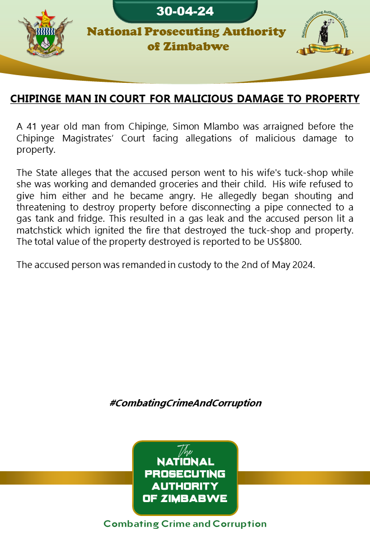 Chipinge man in court for malicious damage to property
#CombatingCrimeAndCorruption