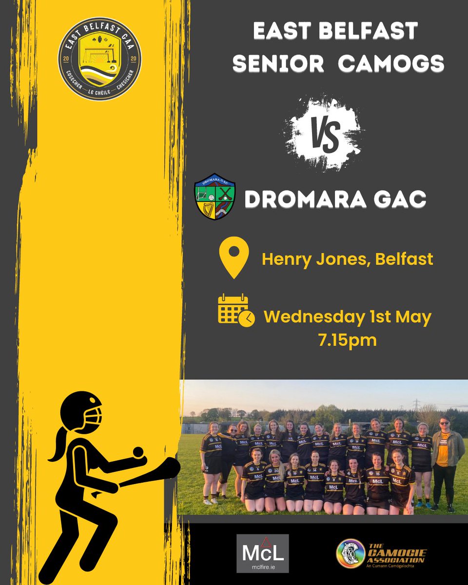 ⚫️🟡Senior Camogs' Match Day⚫️🟡 East Belfast GAA Vs. @DromaraGAC Throw in at 7.15pm, taking place at Henry Jones, Belfast. #Together #LeChéile #Thegither