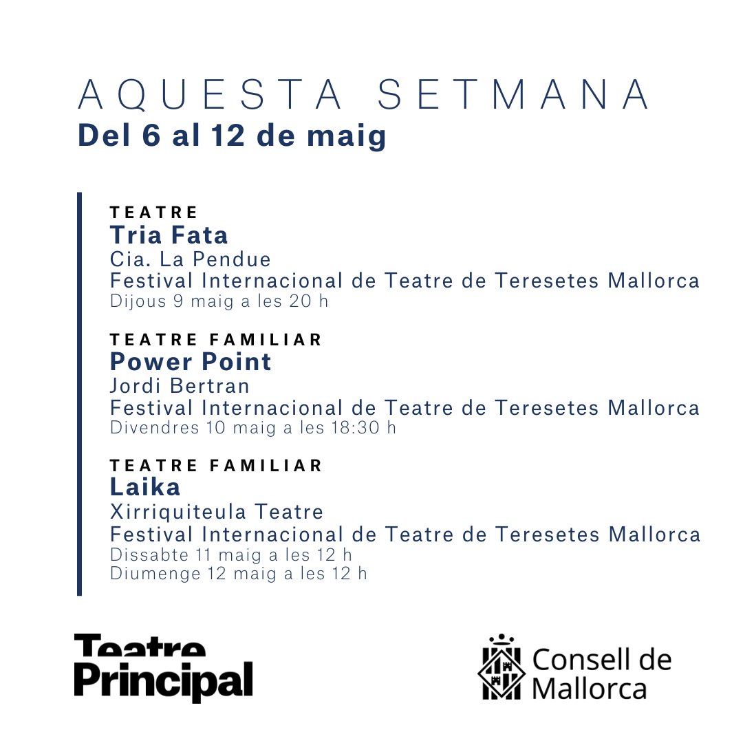teatreprincipal's tweet photo. El Festival de #Teresetes protagonitza la nova setmana al Principal:
🎭 Tria Fata, Millor espectacle a la Fira de Titelles de Lleida (+ 12 anys)
👧 Power Point: històries divertides i romàntiques (+ 5 anys)
👧 Laika: una entranyable proposta familiar
Tot➡️ https://t.co/mYD0DcufZG https://t.co/Bzm3gN89us