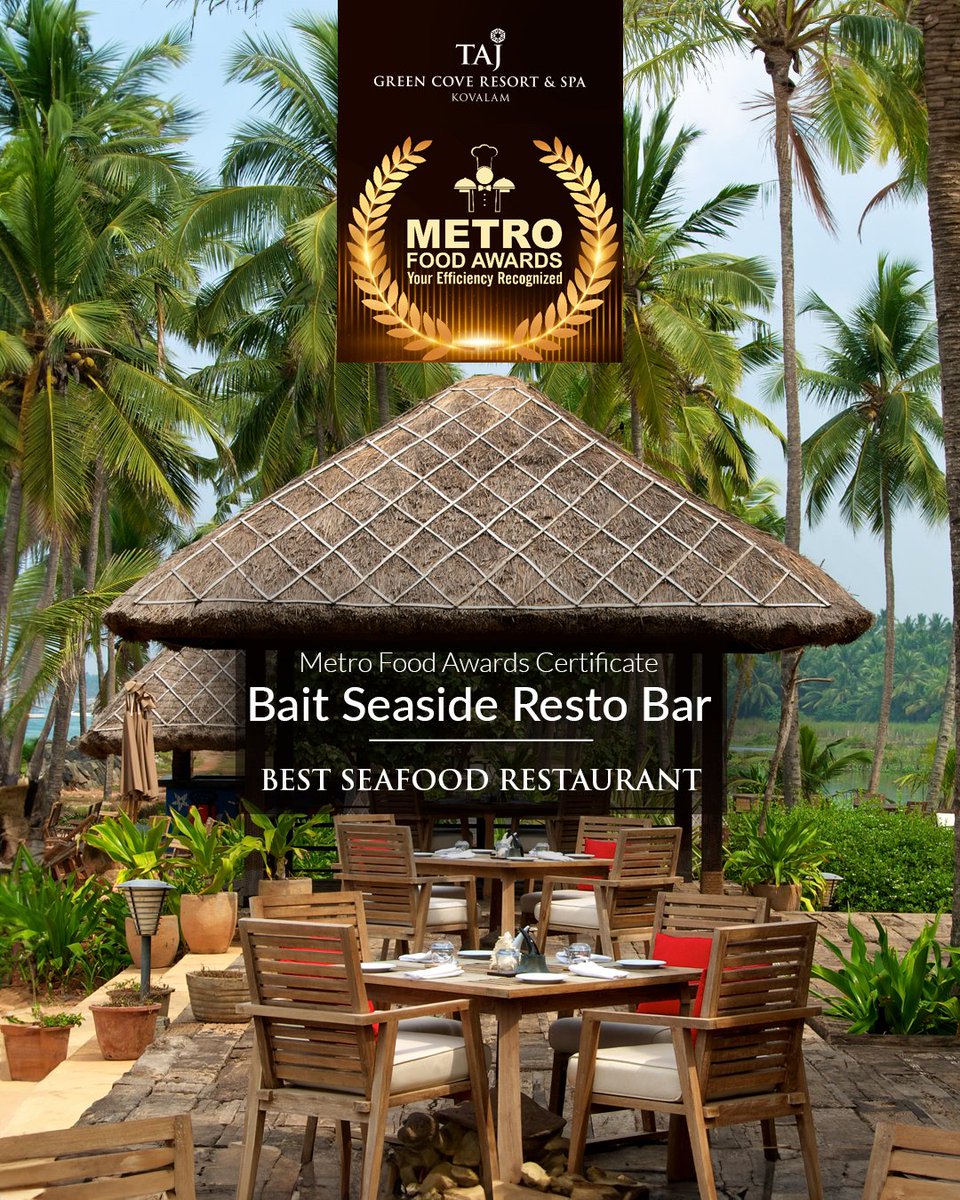 Thrilled to share that Bait, our seafood haven at #TajGreenCove, has snagged the Metro Food Awards Certificate for Best Seafood Restaurant!

Huge thanks to our guests & team for the love and support.

 #Kovalam #Kerala #LuxuryDining #MetroFoodAwards