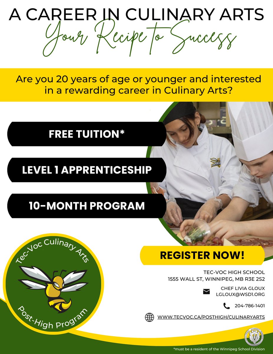 Are you aged 20 or younger and residing in the Winnipeg School Division? If you're passionate about pursuing a rewarding career in Culinary Arts, look no further than Tec Voc High School. For more details reach out to us at tdarbyshire@wsd1.org. #tecvoc