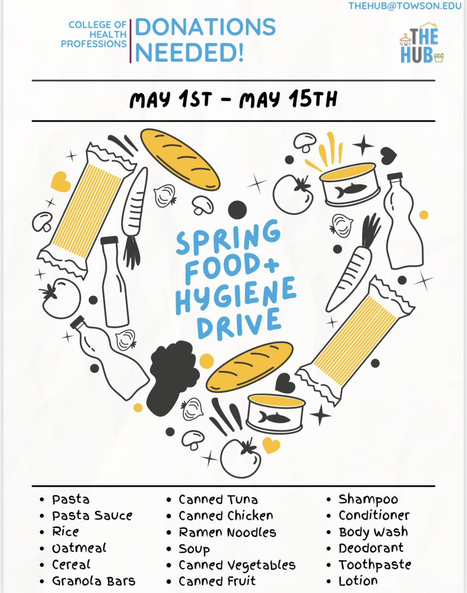 Join CHP's Spring Food and Hygiene Drive! Donate items listed in the flyers attached. Drop off at Kinesiology Main Office or Linthicum Hall Main Office. Let's make a difference together! #CHP #FoodDrive #HygieneDrive #TowsonDrive🐯