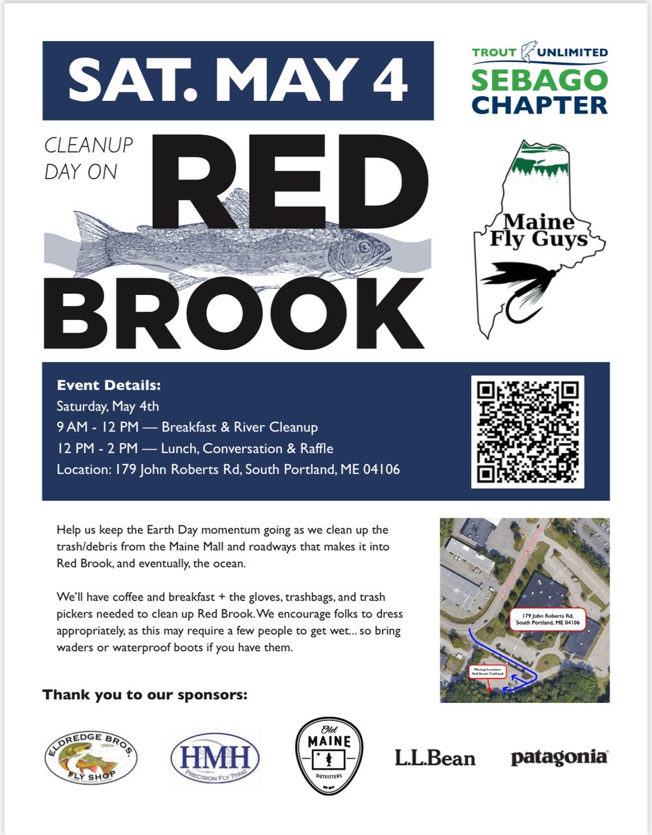 Thanks <a href="/TroutUnlimited/">Trout Unlimited</a> and Maine Fly Guys for
co-hosting a cleanup day in South
Portland at Red Brook, home to a thriving population of wild brook trout. Join the crew this Saturday, May 4, from 9 am to noon at the Red Brook trailhead: 179
John Roberts Road South Portland, ME.