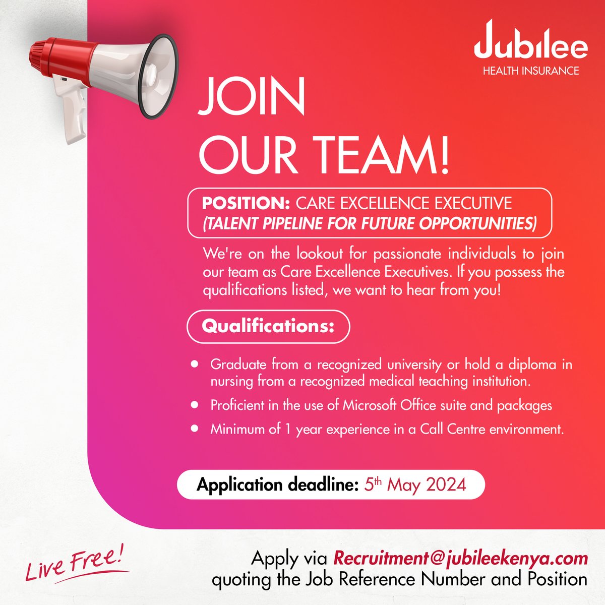 Are you passionate about healthcare excellence? Jubilee Health Insurance is seeking a dedicated Care Excellence Executive to join our team! f you're ready to make a difference in the industry, send us your resume by May 5th, 2024. Apply now!
#JubileeHealth #IkoKazi .
